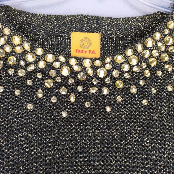 Ruby Rd Metallic Gold Rhinestone Black Top Women's M 3/4 Sleeve Glam Party Fairy - Picture 2 of 10